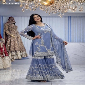 Nouvelle tendance élégante en matière de vêtements : ensemble Kurti-Sharara-Dupatta en chinon allemand avec broderie et travail de sequins, exportateur indien. - Product Image 1