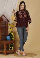 Atasan Peplum Bordir Maroon Premium Wanita, Tunik Etnik Kasual Dengan Kancing Depan Dan Ujung Bawah Melebar Untuk Dipadukan Dengan Jeans