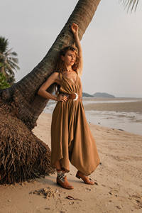 Combinaison bohème en coton pour femme, marron, à jambes larges, idéale pour la plage, confortable pour le yoga et les voyages, au prix d'usine - Product Image 3