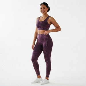 Women Burgundy Acid Wash Yoga Set Sports Bra High Waist <b>Leggings</b> Gym Fitness Workout <b>Activewear</b> - Product Image 4