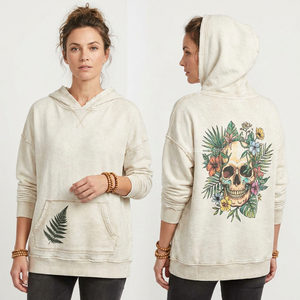 Sudadera con capucha blanca de 400GSM con lavado vintage, estampado floral de calavera y hoja de helecho, estilo bohemio, bajo sin rematar, ropa urbana - Product Image 1