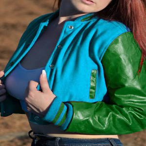 <b>Womens</b> Varsity Crop <b>Jacket</b> <b>Light</b> Blue Green Letterman Style Bomber Coat Faux Leather Sleeves Casual Outerwear Ladies Fashion - Product Image 1