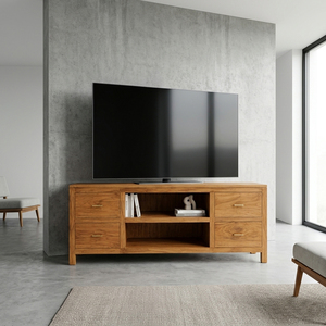 Meuble TV scandinave en teck massif Niwara, console de divertissement haut de gamme avec 4 tiroirs et 2 étagères pour salon - Product Image 3