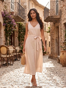 Boho V-Neck Sleeveless Maxi <b>Dress</b> with Belt <b>Loose</b> Fit Breathable 100% Rayon Crepe Solid Sweet Cute Summer Casual Wear - Product Image 6