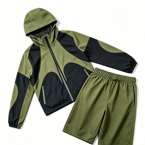 Men's Panel Design Windbreaker Jacket and Shorts Set Lightweight Hooded Activewear Ensemble - Product Image 3