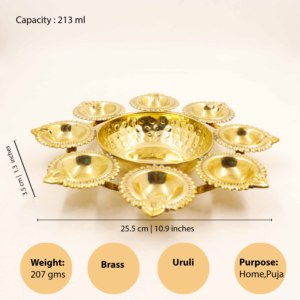 Lampe à huile décorative en laiton Ashta Deep Uruli Multi Diya Bowl pour la maison, le temple, la décoration festive et les cadeaux - Product Image 2