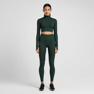 Conjunto de Yoga Verde Medianoche para Mujer, Leggings de Cintura Alta, Top Corto, Diseño Fruncido, Logotipo Frontal, Sin Costuras, 2 Piezas, Ropa Deportiva - Product Image 4