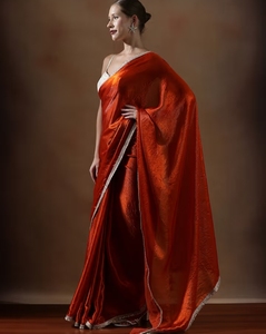 Sari en soie orange pour femme KV, avec bordure en dentelle fantaisie, et chemisier non cousu - Product Image 2