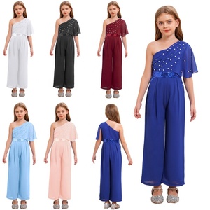 Mono de pierna ancha con volantes para niñas de 6 a 14 años con bolsillos para fiesta, boda, desfile, banquete, ceremonia, actuación - Product Image 1