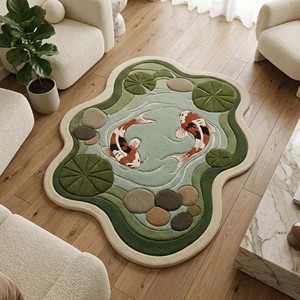 Inspired Hand-Tufted Wool Koi Pond Rug | 3D Embossed Texture Forest <b>Floor</b> Koi Fish Rug for Living room, Bedroom, Dining Decor - Product Image 4