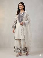 Ensemble 3 pièces Antra Lifestyle blanc et noir pour femme, coupe ample, kurta droite, palazzo, tenue de fête indienne et pakistanaise en coton lawn
