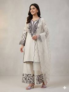 Trending White Black Straight Kurta Palazzo Suit 3 Piece Set Indian Pakistani Casual Party Wear Lawn Cotton Salwar Kameez Dress - Product Image 4