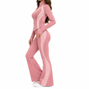 Women Fleece Lounge Set Zip Up Jacket Flare Leg Pants <b>Piped</b> Seams Comfortable Casual Everyday Winter Wholesale Clothing - Product Image 2