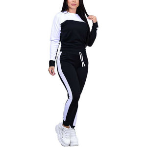 Ensemble de survêtement pour femmes, noir et blanc, blocs de couleur, manches longues, col rond, pantalon de jogging avec poches latérales, style sportif d'automne - Product Image 2