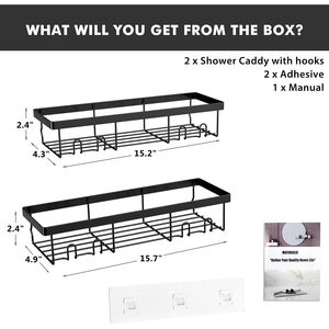 Grande étagère de douche auto-adhésive noire, panier de rangement mural pour salle de bain, style ferme - Product Image 2