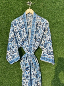 100% Cotton Soft V-neck Full Length Handcrafted <b>Kimono</b> Bathrobe Paisley Floral Block Print Casual Robe Lightweight Sleepwear - Product Image 1