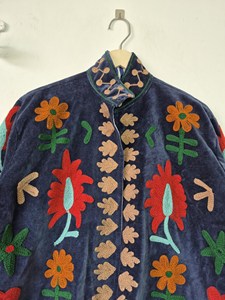 Bohemian Navy Blue <b>Velvet</b> Suzani Embroidered <b>Jacket</b> with Soft Floral Pattern Full Sleeve Stand Collar <b>Women's</b> Winter Outerwear - Product Image 5