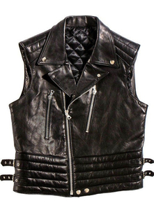 Gilet de motard en cuir véritable pour homme avec fermeture éclair, col rabattable, ceinture, couleur unie, coupe classique - Product Image 4