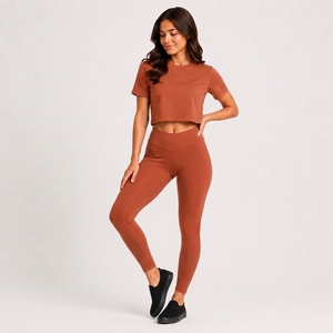 Custom Women's Breathable Spandex Workout <b>Crop</b> T-Shirt with High Waist Skinny Fit Leggings Premium Sportswear OEM Manufacturer - Product Image 1