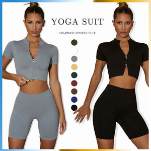 Ensemble de sport une pièce pour yoga, côtelé, avec short taille haute, crop top, fermeture éclair, en Spandex/Nylon, respirant, sans couture, col halter et col en V - Product Image 1