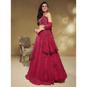 Precioso Lehenga Choli de Georgette Rosa Bordado, Semi-Confeccionado, para Recepciones, por Zeel Clothing - Product Image 5