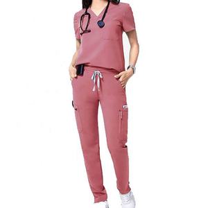 Ensemble de gommage médical personnalisé pour femmes Haut à col en V avec poches et pantalon de jogging uniforme d'allaitement tissé pour le personnel de clinique hospitalière - Product Image 1
