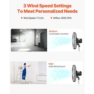 Ventilateur sur pied oscillant industriel de 20 pouces à 90 degrés avec 3 vitesses réglables, ventilateur tour haute puissance, hauteur réglable - Product Image 3