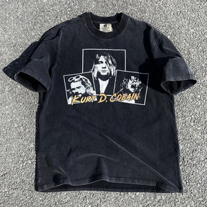 เสื้อยืดพิมพ์ลายวงดนตรี Cobain Punk สไตล์วินเทจสตรีทแวร์สำหรับผู้ชาย ผ้าทอ 100% คอตตอน ล้างสีแบบแอซิดวอช ดีไซน์เรโทรกรันจ์ ปรับแต่งได้ - Product Image 1