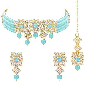 Conjunto de Collar y Pendientes de Cristal con Flores Chapadas en Oro, Joyería Vintage para Mujer, Aleación, Imitación de Perla, Azul Turquesa - Product Image 1