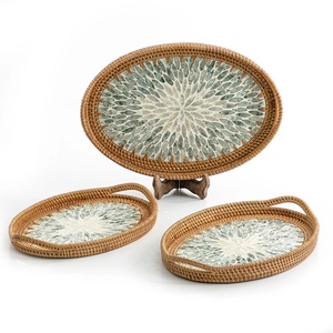 Rattan Wicker Trays with Mother of Pearl Inlay MDF Base and Insert Handle for Fruit Serving, <b>Coffee</b> <b>Table</b> Trays Handmade - Product Image 6
