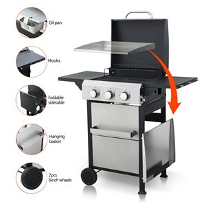 3-Burner Propane <b>Gas</b> <b>BBQ</b> Grill 36900BTU Output Stainless Steel Plancha Cooking Grids Foldable Side <b>Table</b> Hanging Basket for - Product Image 3