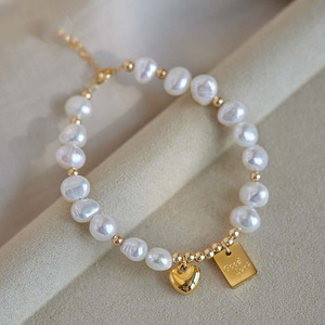 Pulsera de Perlas Naturales de Agua Dulce Estilo Barroco para Niñas, Diseño de Cuentas en Forma de Corazón de Alta Gama, Pulseras con Dije de Moda Transfronteriza - Product Image 2