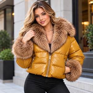 Chaqueta Acolchada de Moda para Mujer con Cuello y Puños de Piel de Zorro Esponjosa, Ropa de Invierno al por Mayor - Product Image 1