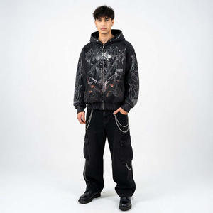 SHH INDUSTRIES Custom Graphic Hoodie Men Rhinestone Skull Print Full Zip Black Streetwear Oversized Hooded Sweatshirt Wholesale - Product Image 3