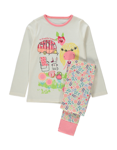 Ensemble de pyjamas pour filles à manches longues 100% coton avec imprimé de personnages et pantalon à fleurs confortable - Product Image 1