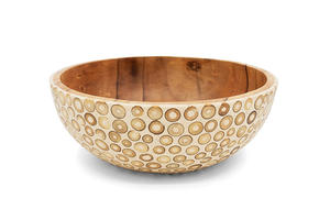 Tazón para Servir de Madera Suar con Diseño Bohemio e Incrustaciones de Bambú Blanco, Hecho a Mano, Apto para Alimentos, Ideal para Regalos, Indonesia - Product Image 2