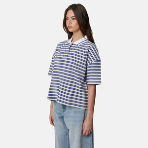 Polo de Manga Corta a Rayas para Mujer, Tejido, Casual, con Patrón Azul y Blanco - Product Image 3