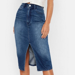 Elegent Hot Sale Dress & Skirts Custom logo Split Front Denim Midi Long Skirt in Blue for Women Ladies - Product Image 1