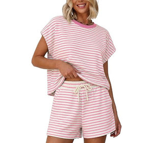 Women 2 Piece Shorts Set O Neck Short Sleeve Loose Fit Cotton Casual Summer Outfit Breathable Knitted Top and Shorts - Product Image 4