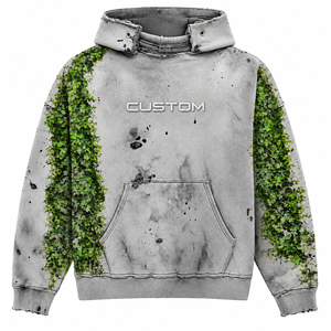 Sweat à capuche décontracté pour homme en molleton de coton écologique imprimé sur mesure, coupe oversize, effet vieilli, motif vigne verte délavée à l'acide, avec poche - Product Image 1