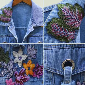 Printed Woven Denim <b>Jacket</b> Women Short <b>Trucker</b> Style Mandarin Collar Full Sleeve Spring Autumn Casual Coat Light Blue - Product Image 4