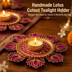 Support de bougie chauffe-plat en métal fait main, motif lotus découpé, écologique, décoration indienne Diwali pour la maison, tapis Rangoli brodé Gota Patti - Product Image 6