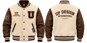 Chaqueta Varsity Personalizada Color Crema Marrón con Mangas de Cuero, Chaqueta de Béisbol con Letras Bordadas, Ropa Urbana Universitaria Premium - Product Image 4