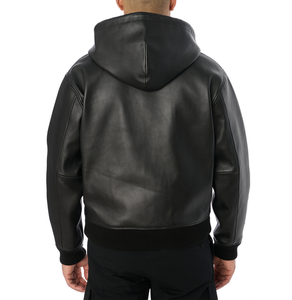 OEM ODM 100% High Quality Custom Avirex Men's Black Leather Hooded <b>Jacket</b> Embossed Logo Streetwear Zipper Front Regular Autumn - Product Image 5