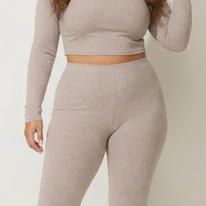 Leggings tricotés taille haute pleine longueur couleur unie extensibles grande taille pour femme, pantalon de yoga et d'entraînement sans couture en Spandex et Nylon - Product Image 5