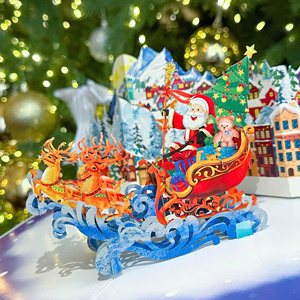 Tarjeta de felicitación navideña 3D emergente con trineo de Papá Noel y escena de pueblo nevado, impresión digital en papel, tarjeta festiva con laminación brillante - Product Image 3