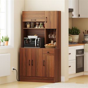 Mobile da Cucina Multifunzionale in Teak con Ripiani Regolabili, Portabicchieri e Design con Cassetto Anti-Ribaltamento - Product Image 5