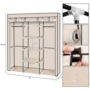 Armadio Portatile in Tessuto Non Tessuto Beige da 175 cm con Doppia Asta, Organizzatore per Vestiti e Oggetti - Product Image 3