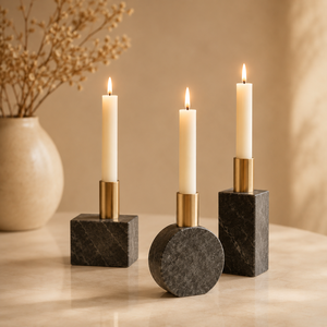 Juego de 3 Portavelas Modernos de Mármol, Base Rectangular y Redonda de Piedra con Detalles en Dorado para Decoración del Hogar - Product Image 1