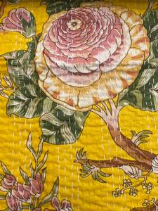 Handmade Vintage Printed <b>Quilted</b> Cotton <b>Throw</b> Blanket Yellow Floral Bohemian Style All-Season Hotel & Home Decor - Product Image 2
